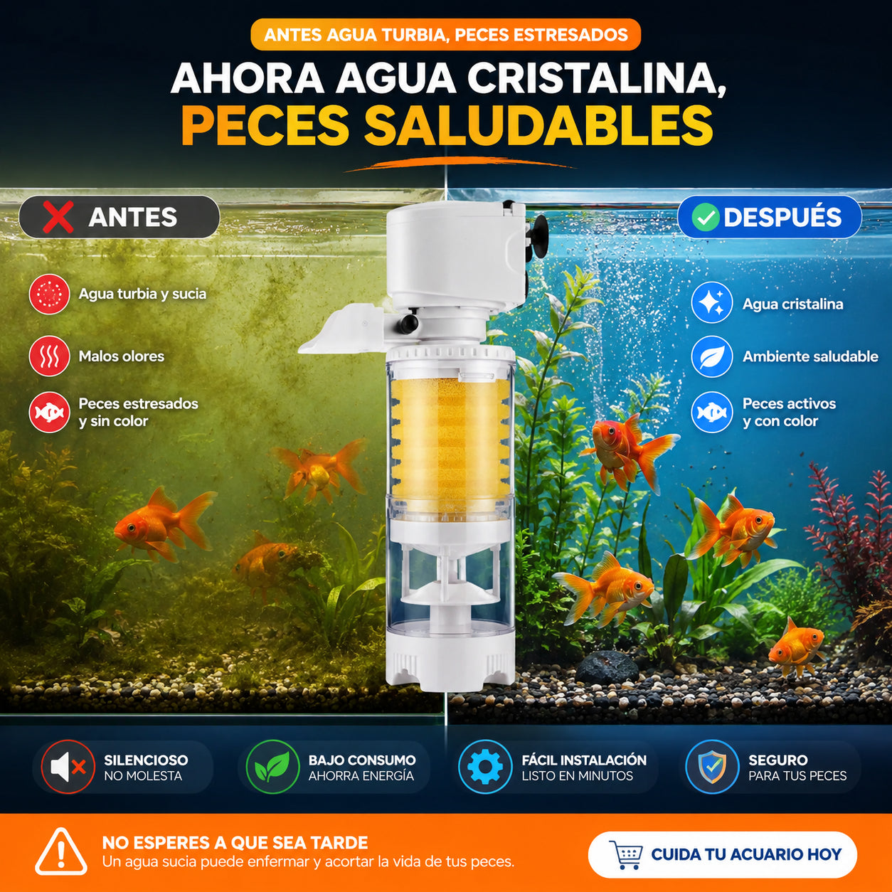 AquaVivo 3X™ | Filtro Silencioso para Acuario