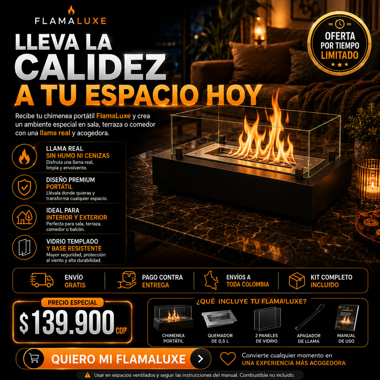 FLAMA LUXE Chimenea de mesa portátil