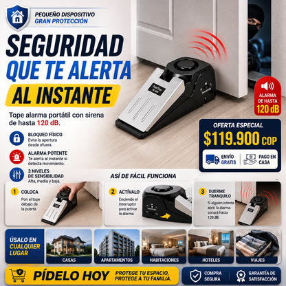AlertaStop™  Bloqueo portátil para puerta con alarma integrada