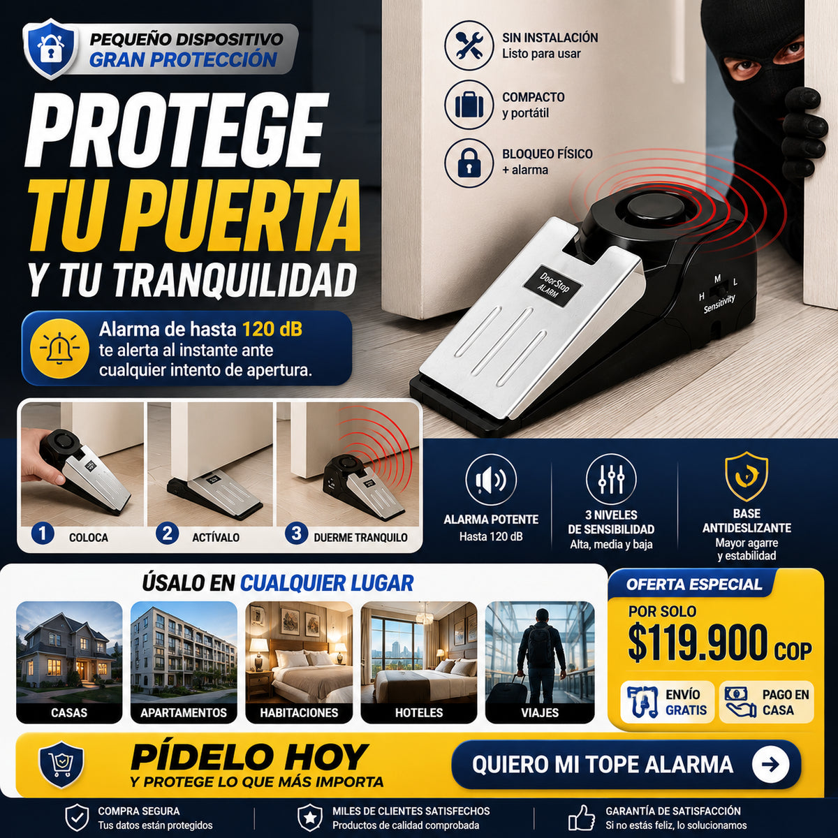 AlertaStop™  Bloqueo portátil para puerta con alarma integrada