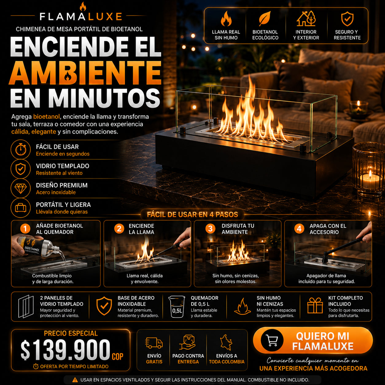 FLAMA LUXE Chimenea de mesa portátil